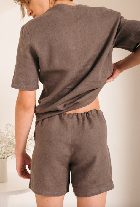 Linen Men's Boxer Shorts with Drawstring in Chocolate,,