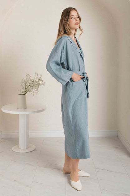 Linen Short Bath Robe MILDA Hooded.