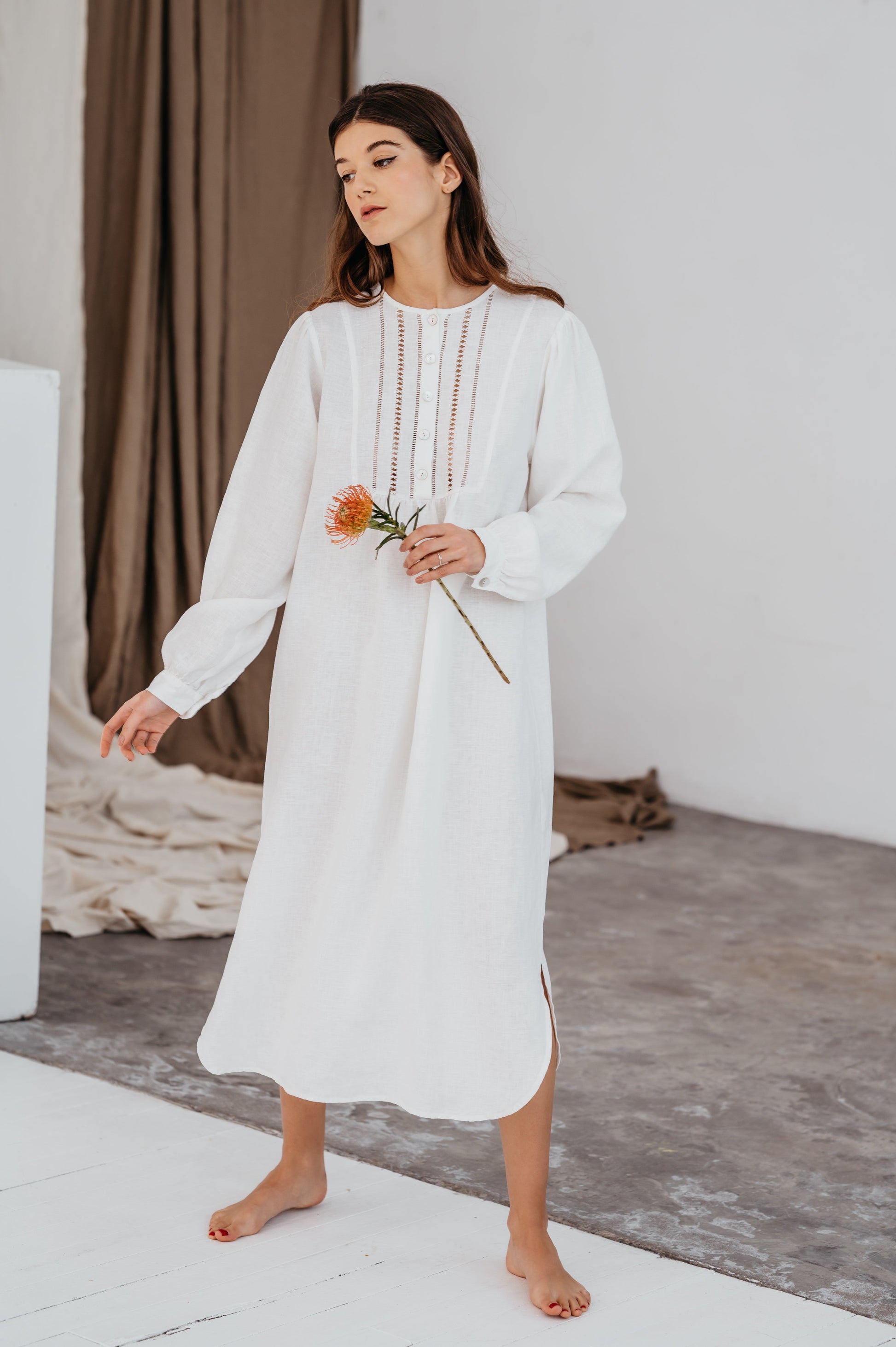 Linen Gown MARIA with Drawnwork on Front