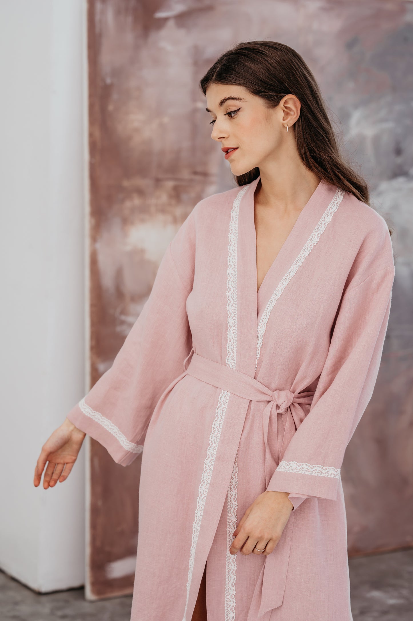 Linen Bath Robe GENOVA with Lace