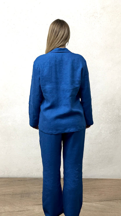 Pure Linen Classic Loungewear Set in Royal Blue 