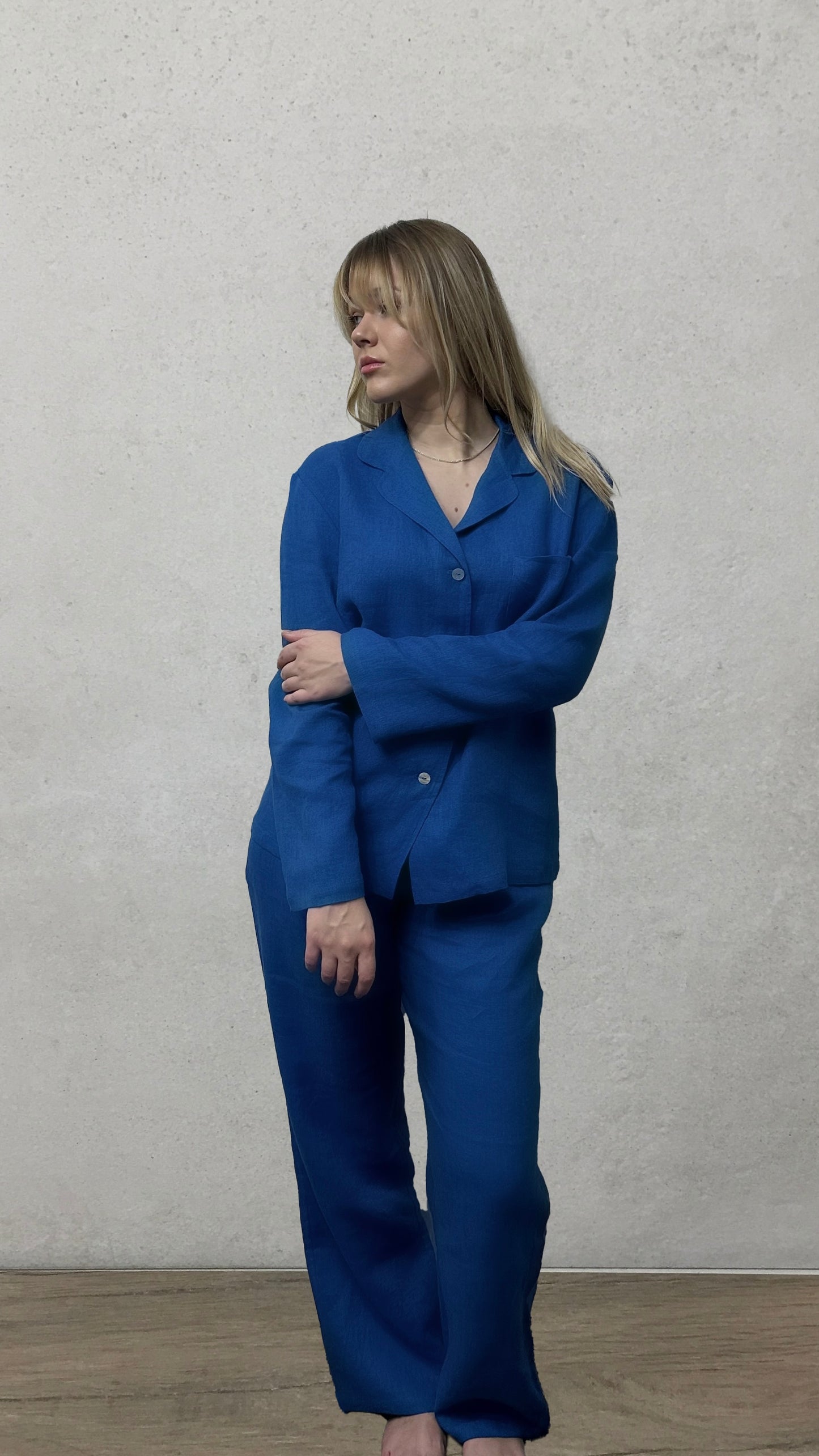Linen Loungewear Classic Pajama Set in Royal Blue