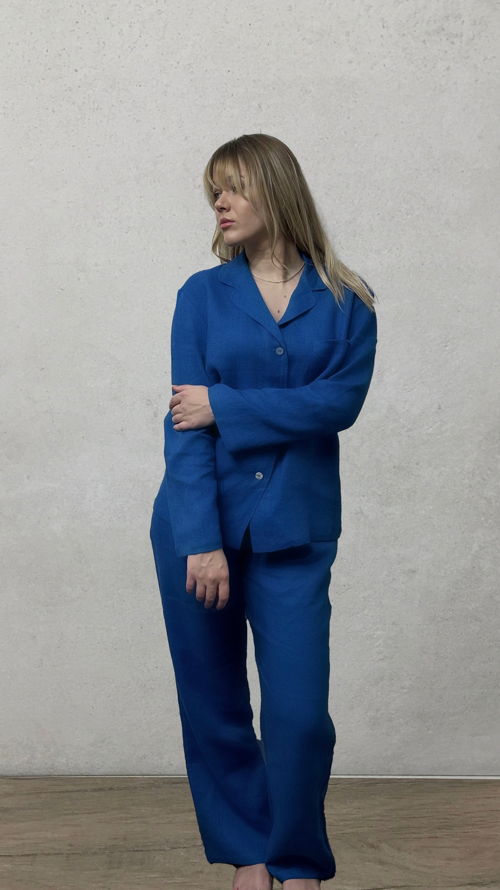 Linen Loungewear Classic Pajama Set in Royal Blue