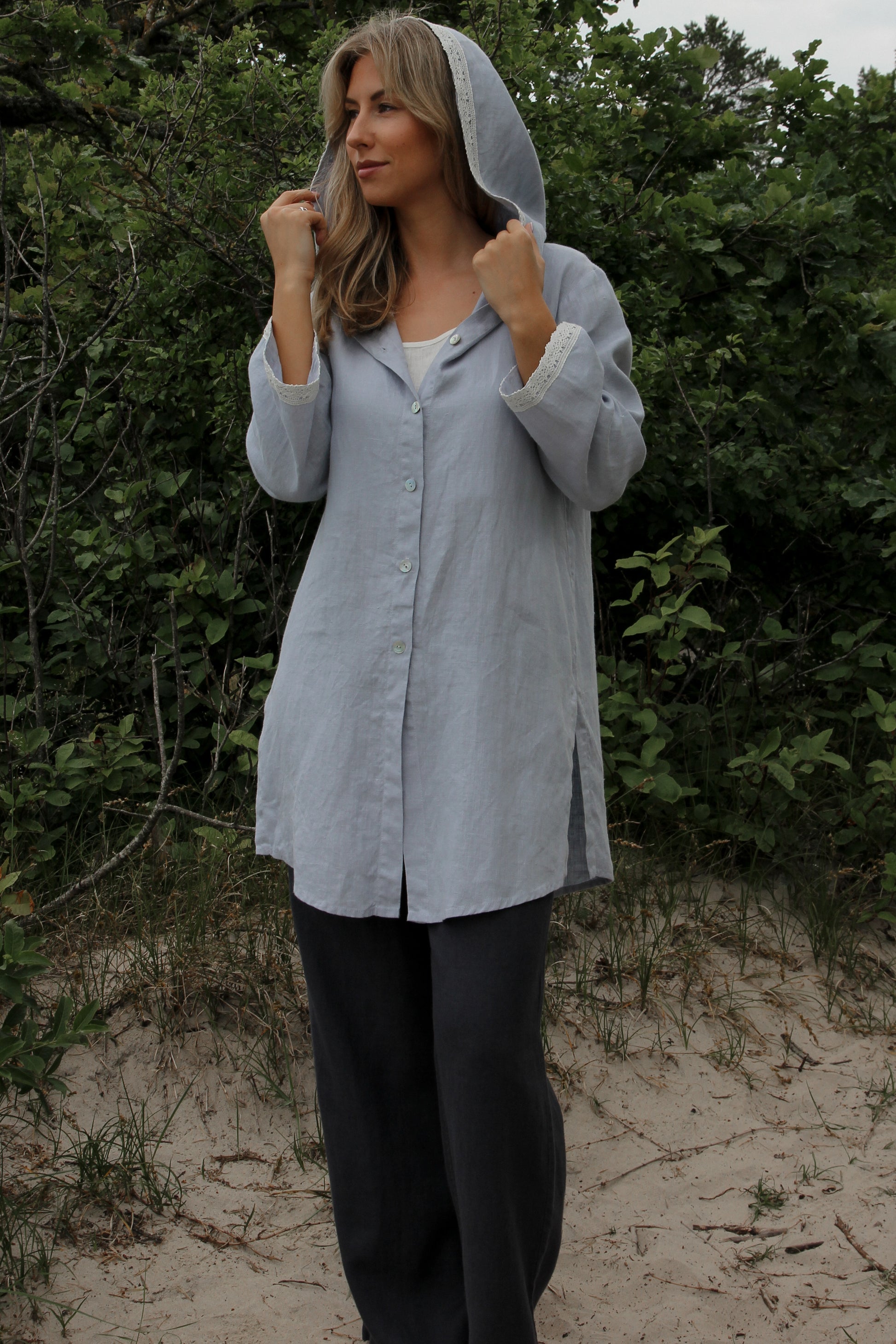 Linen Hooded Cardigan TARA with Lace in Blueish Grey