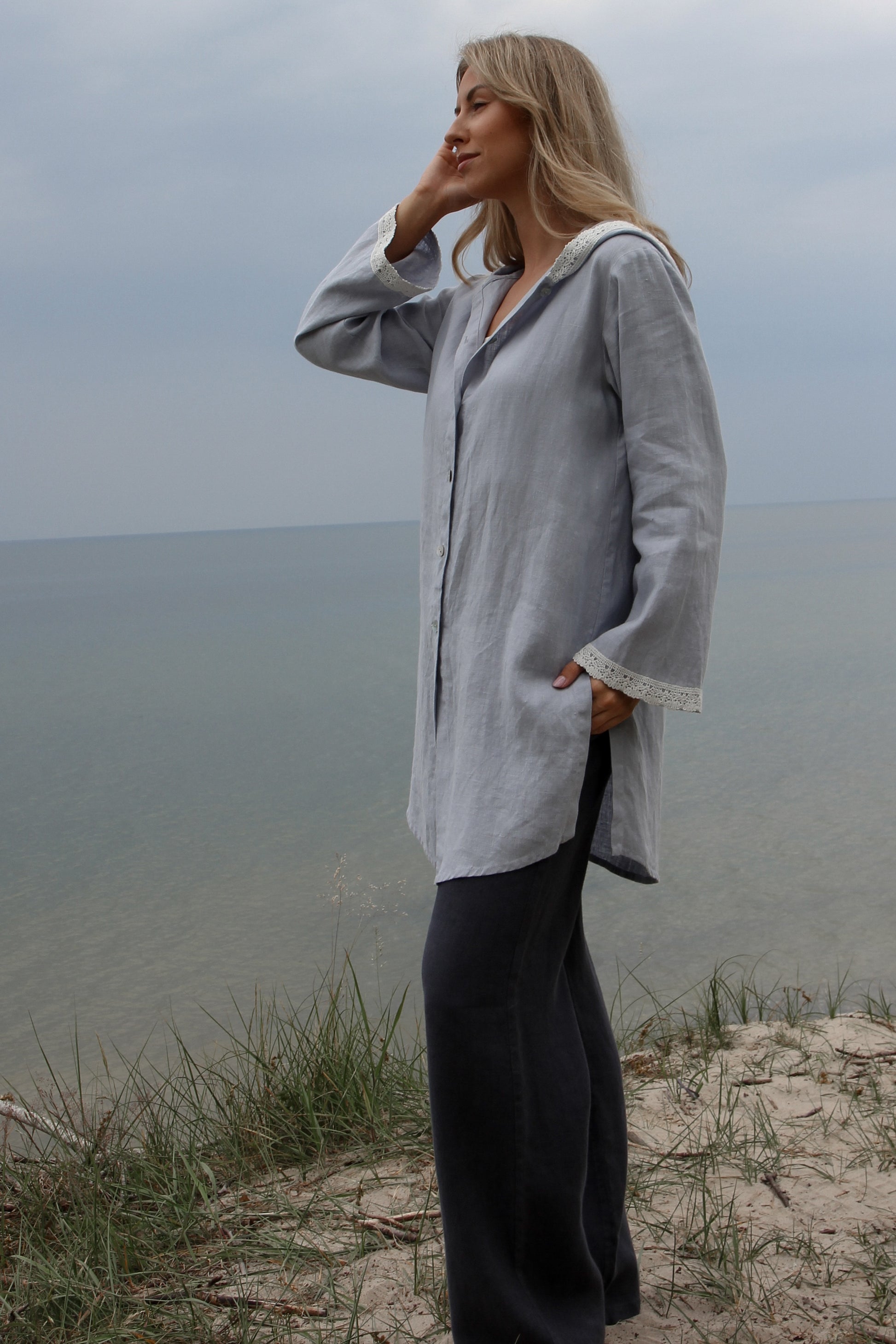 Linen Hooded Cardigan TARA with Lace in Blueish Grey