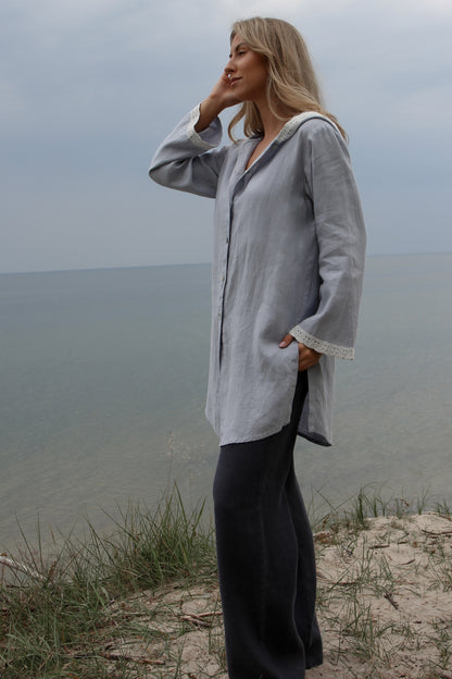 Linen Lace Hooded Cardigan TARA with Wide Sleeves in Blueish Grey