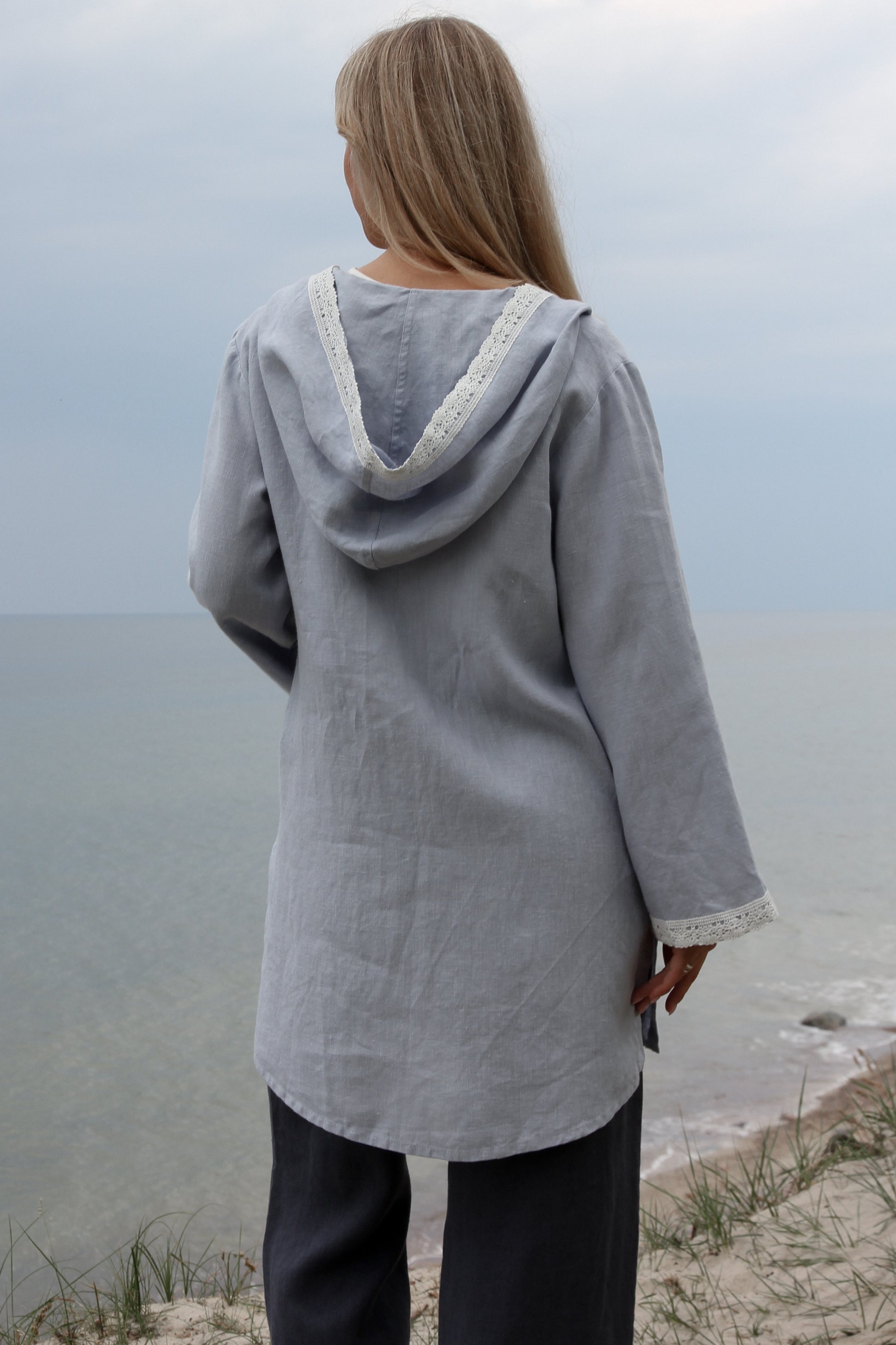 Linen Long Loose Jacket Tara in Blueish Grey with Pure Linen Lace