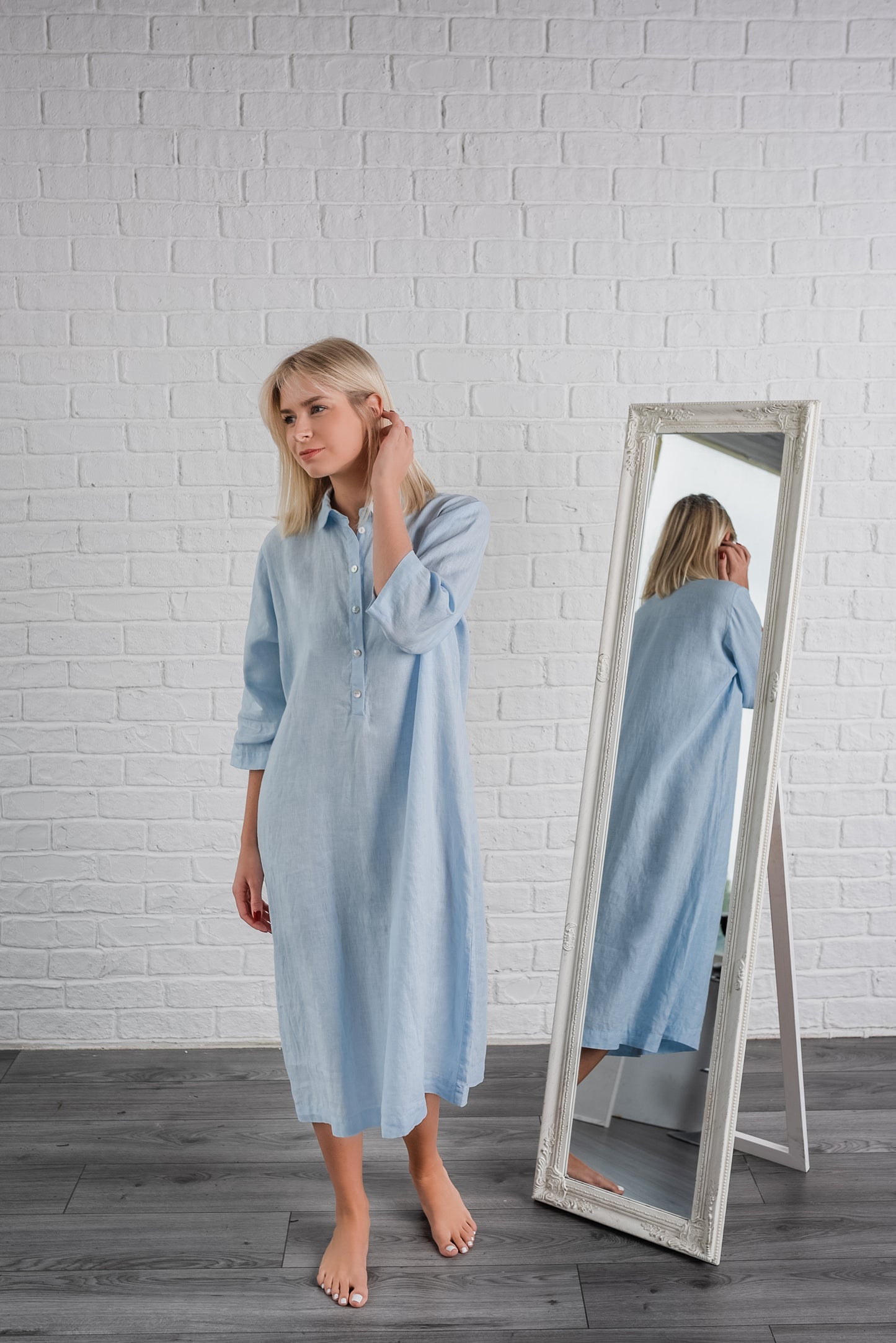 Linen Shirt Dress Lora in Moss Green