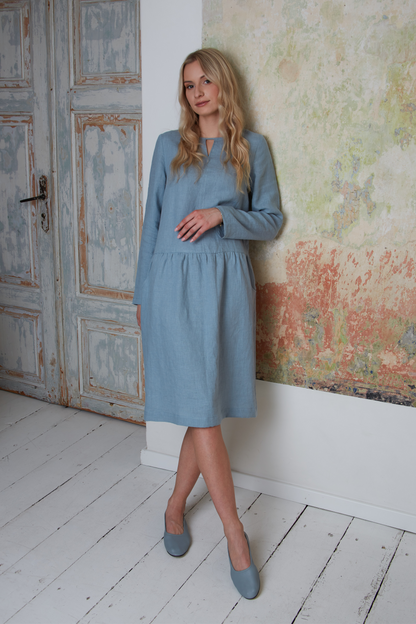 Linen Midi Dress EMMA with Long Sleeves and Dropped Waist