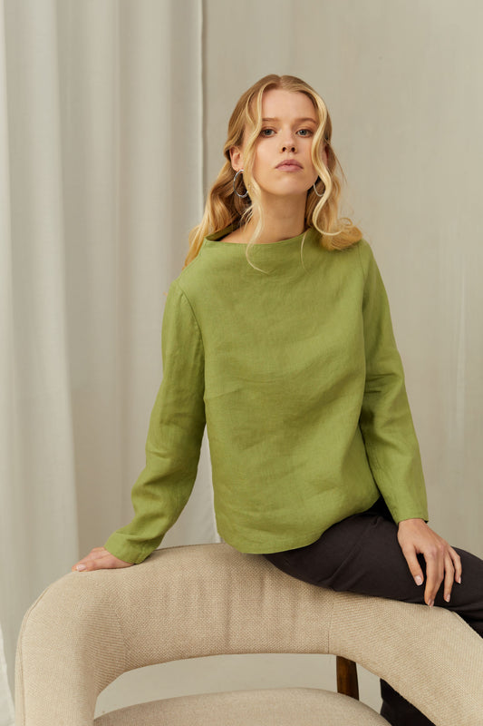 Linen Blouse AYA with Long Sleeves and Higher Neck