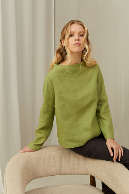 Linen Blouse AYA With Higher Neck