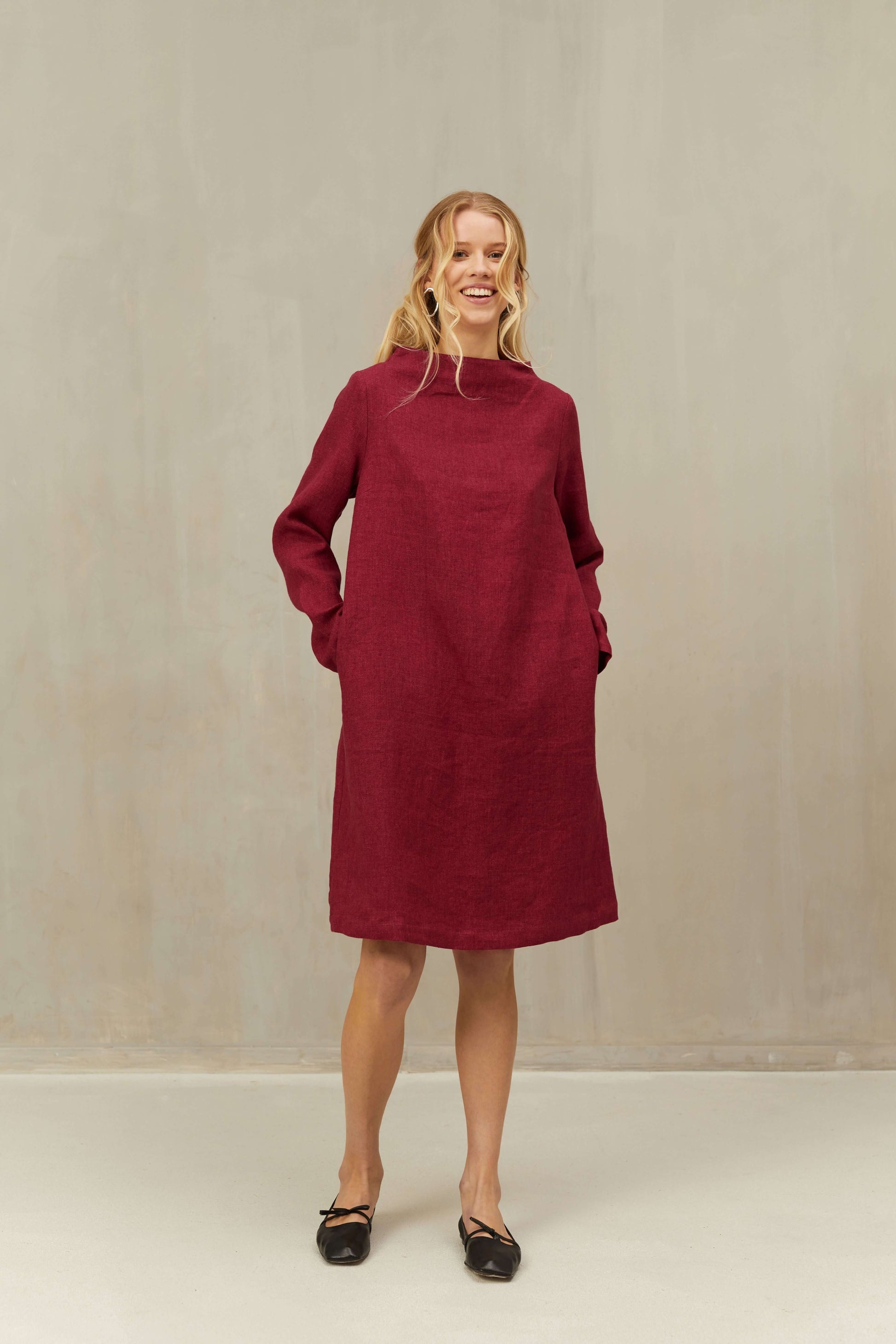 Womens Linen & Wool Long Sleeve Dress VERA XS / Burgundy Womens Linen & Wool Long Sleeve Dress VERA XS / Burgundy