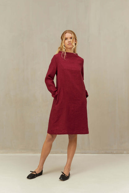 Dress VERA in Linen Wool Blend Burgundy