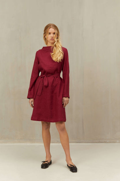Dress VERA in Linen Wool Blend Burgundy