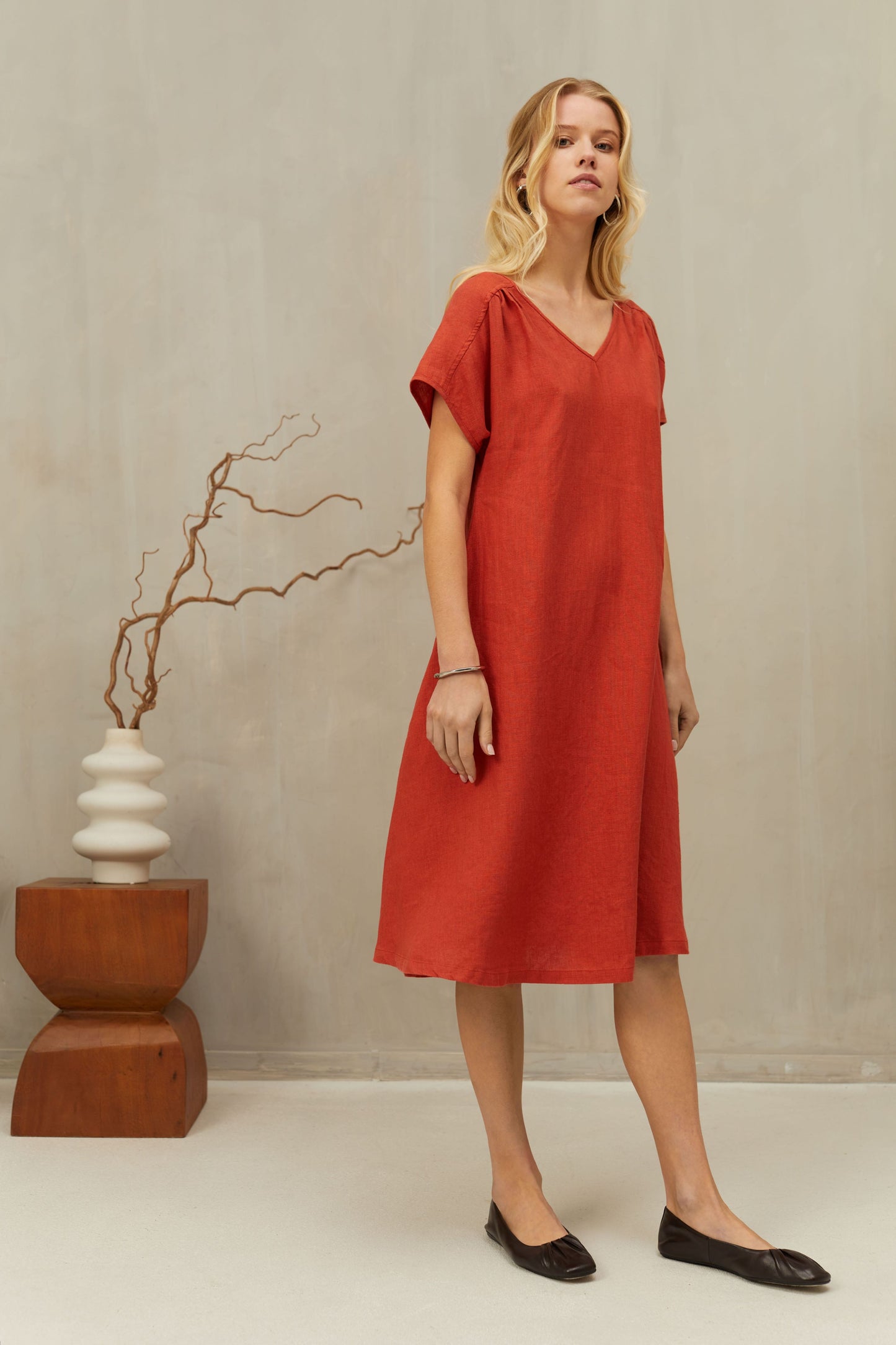 Linen Midi Dress ARIA with Flowy Bottom