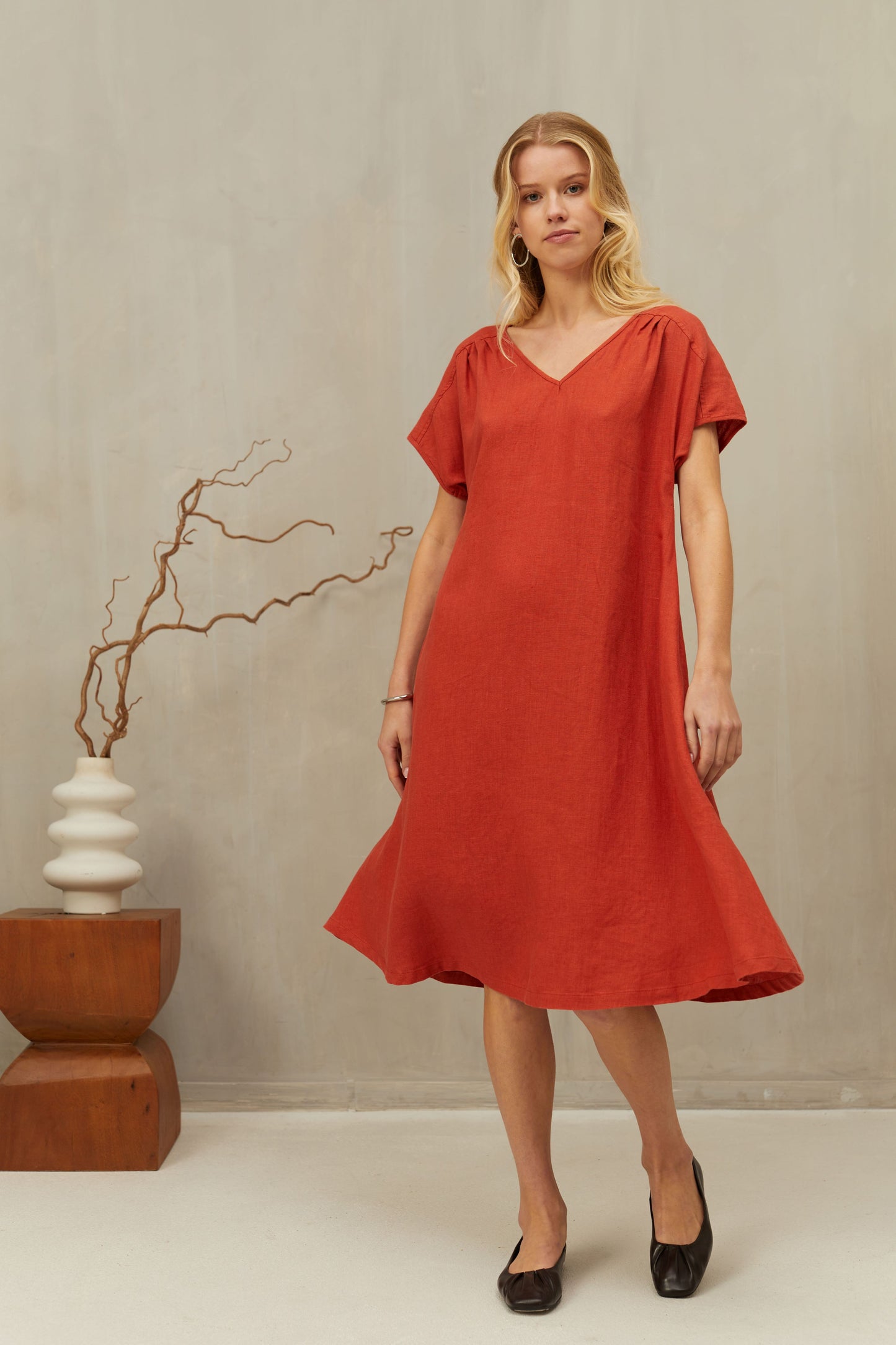 Linen Midi Dress ARIA with Flowy Bottom