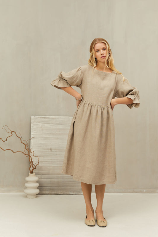  Women's Linen Dress, Knee Length 100% Flax Dress, Spring Summer  Autumn Dress, Natural Elegant Linen Dress, Sweet Elegant Dress : Handmade  Products