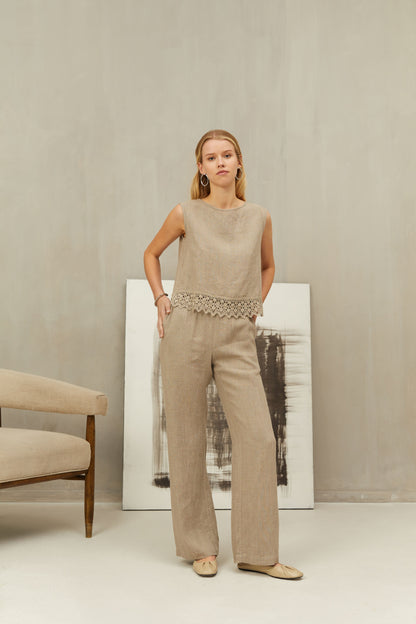 Linen Luxurious Pants Suit SERENA in Natural Flax