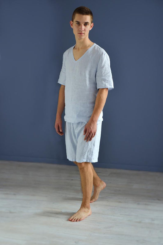 Linen White Summer Pajama for Men/ Shorts and Short Sleeve Top for Him
