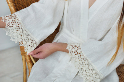 Linen Short Bath Robe ANGELE with Luxurious Lace on Sleeves