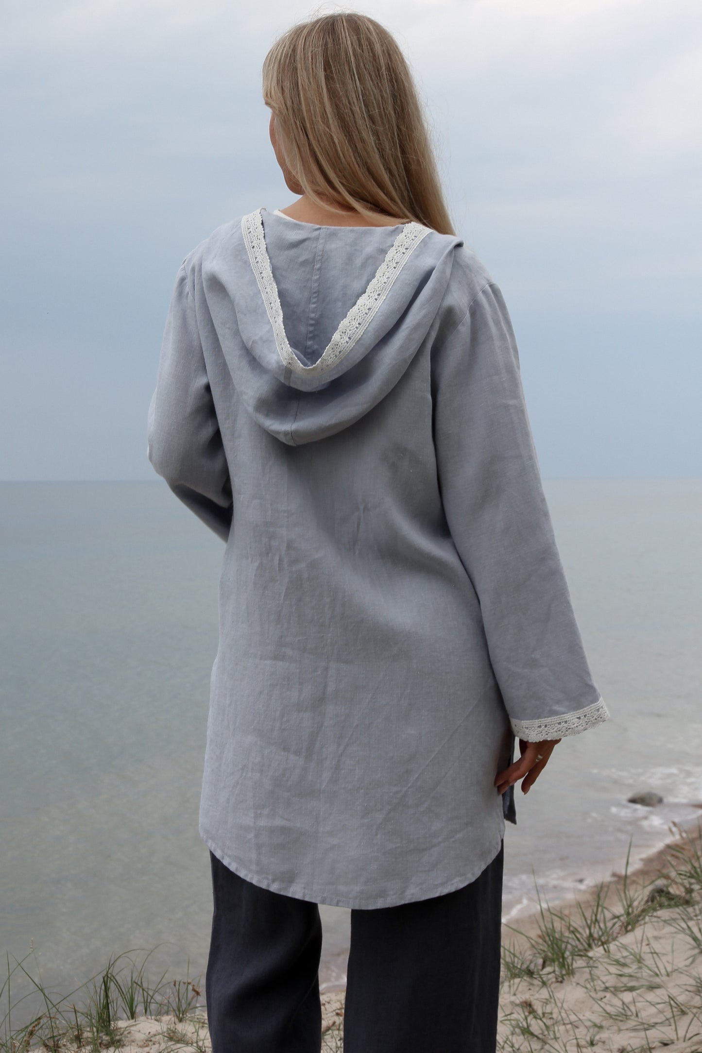 Linen Hooded Cardigan TARA with Lace in Blueish Grey