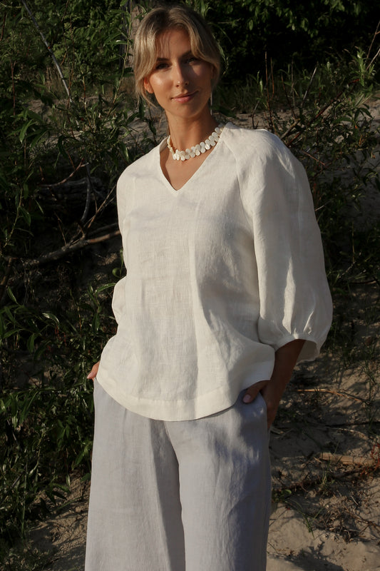 Linen White Blouse  ASTRA with Bishop Sleeves