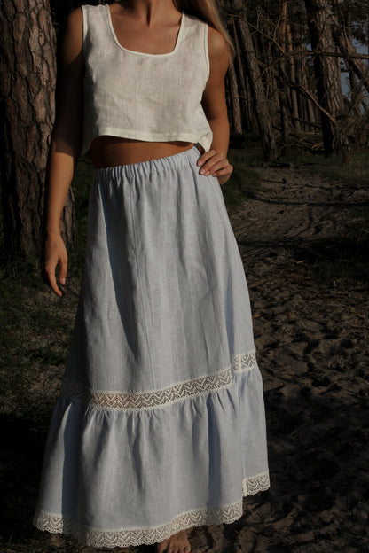 Linen Ruffled Long Petticaoat Sandra Laced with Pure Linen Lace in Pale blue
