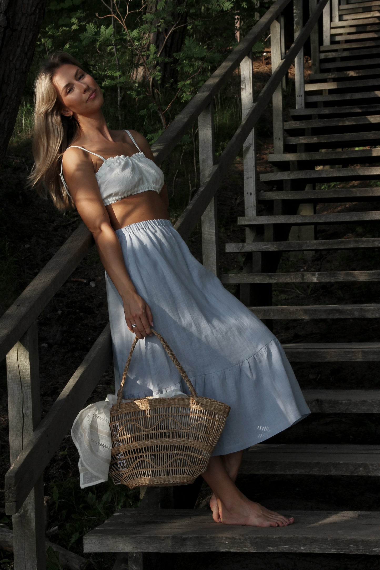 READY To Ship - Peasant Skirt With Bottom Ruffle in Blue-Grey Linen