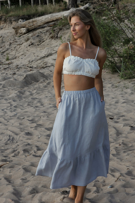 READY To Ship - Peasant Skirt With Bottom Ruffle in Blue-Grey Linen