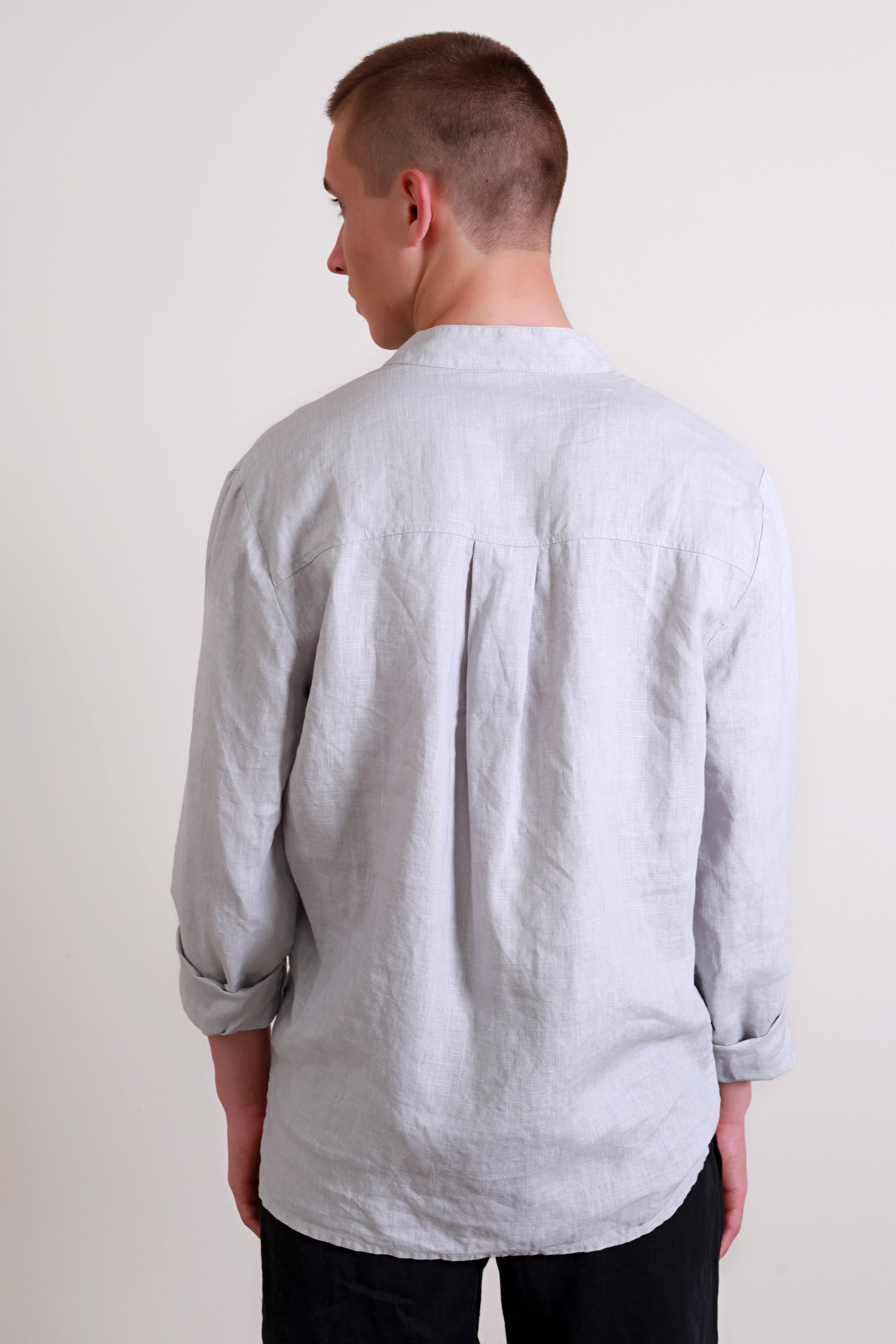 mens banded collar dress shirts Men's Linen Band Collar Shirt ADAM in Silver Grey 3XL / Mustard