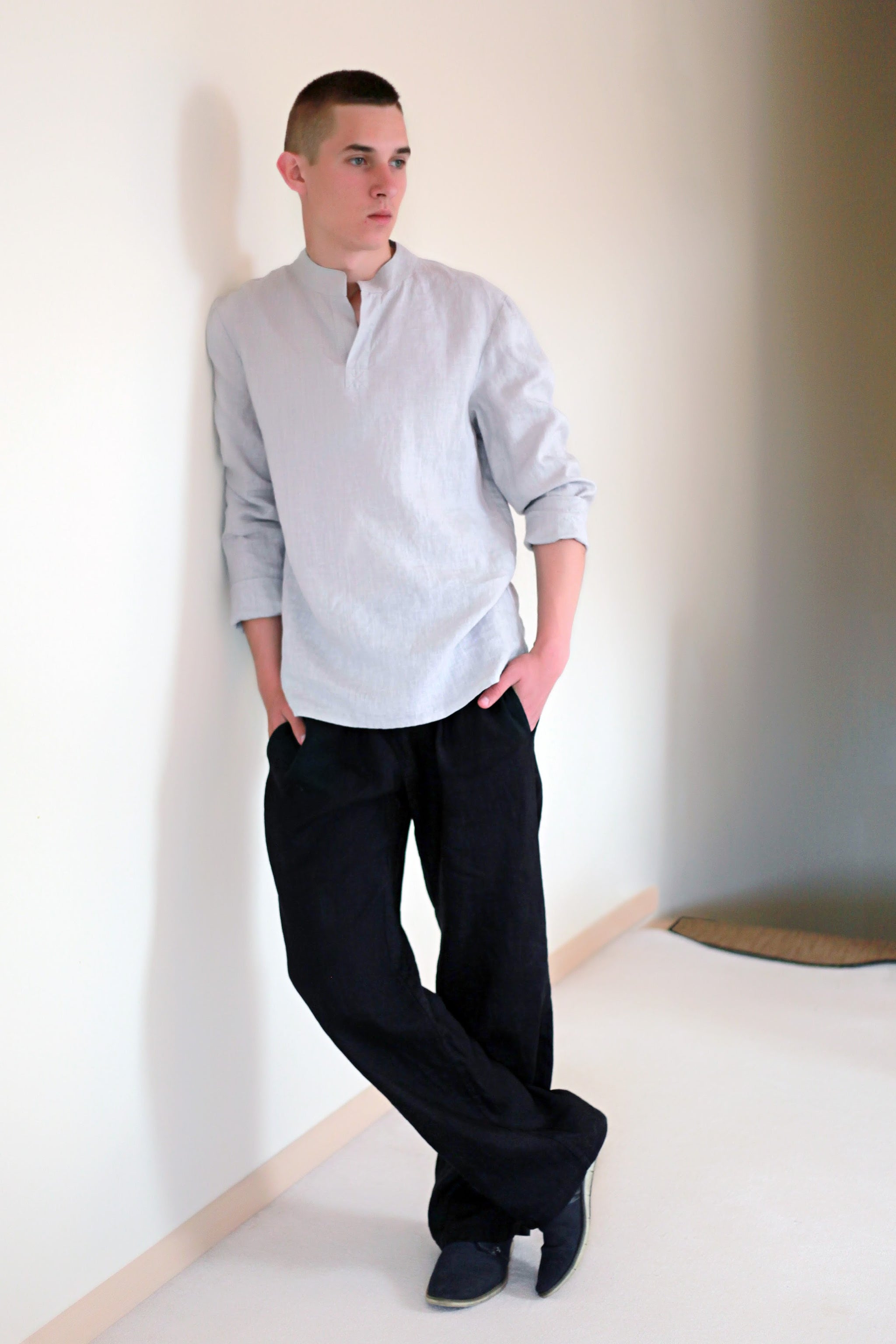 Men's Linen Yarn-Dye Banded Collar Pop Over Shirts main image 0