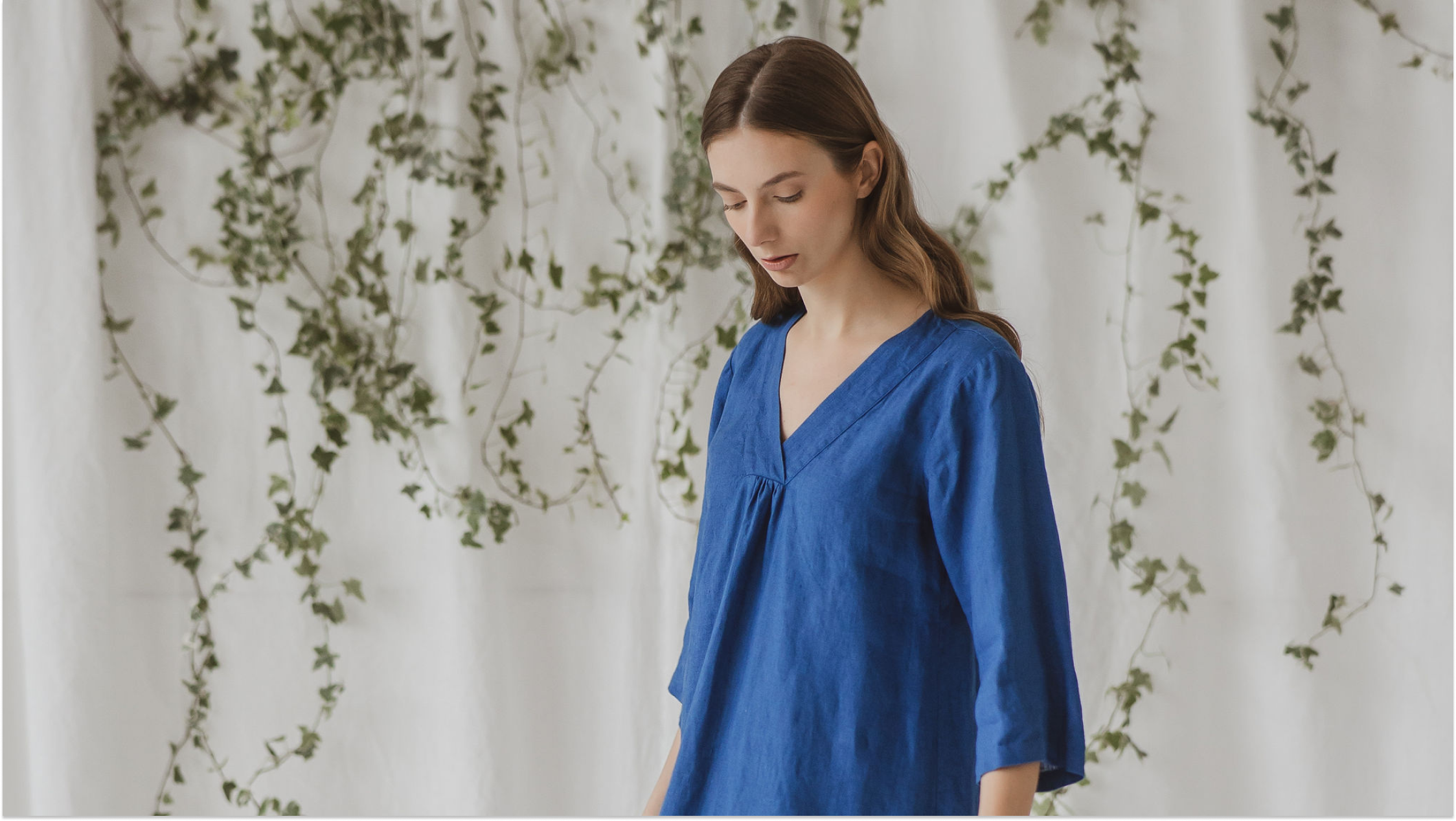 Woman wearing a blue linen dress