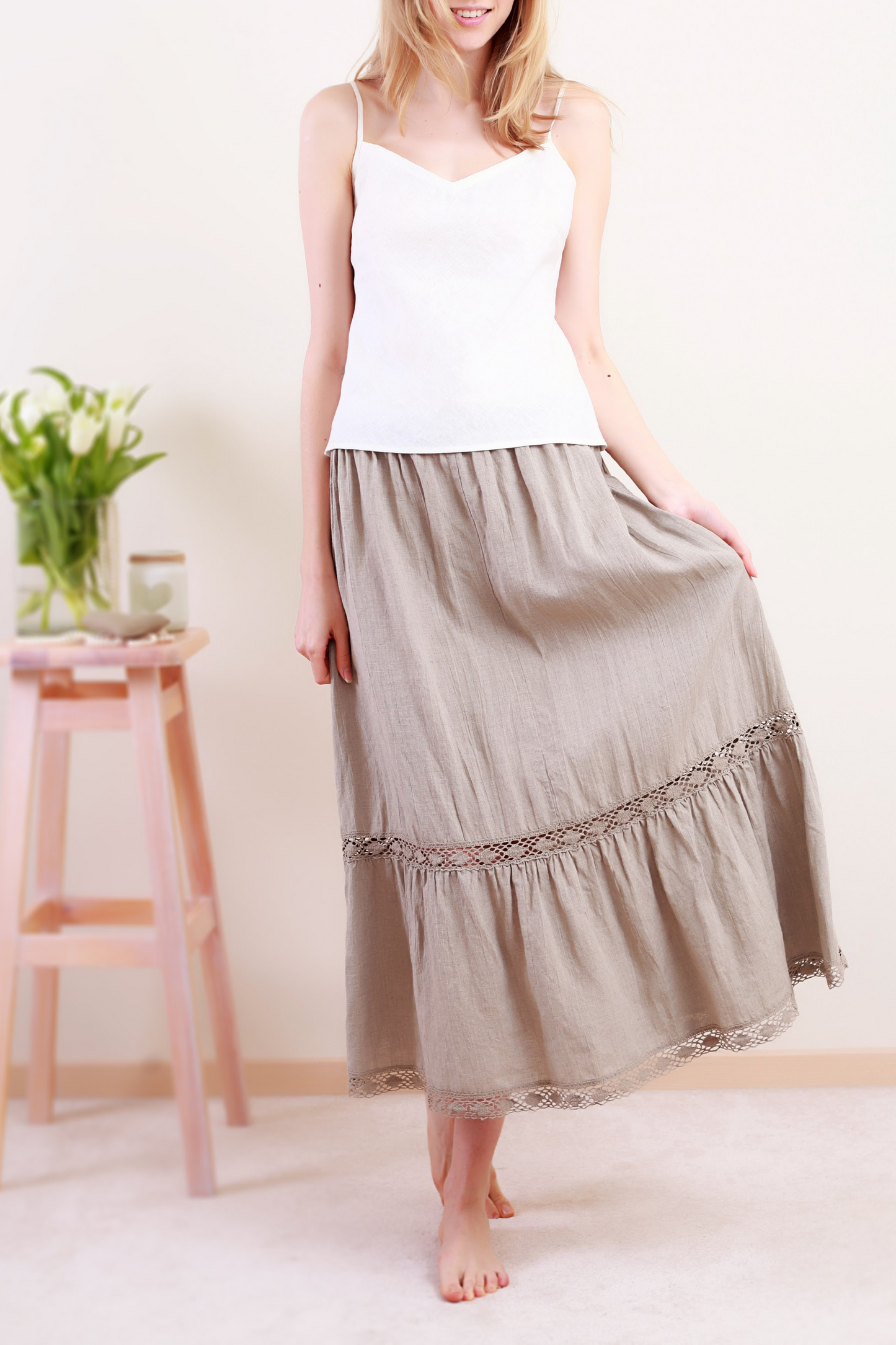 Linen Long Underskirt SANDRA with Bottom Frill and Lace