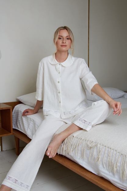 Linen White Pajama VANESSA  for Women/ Linen Lace Loungewear