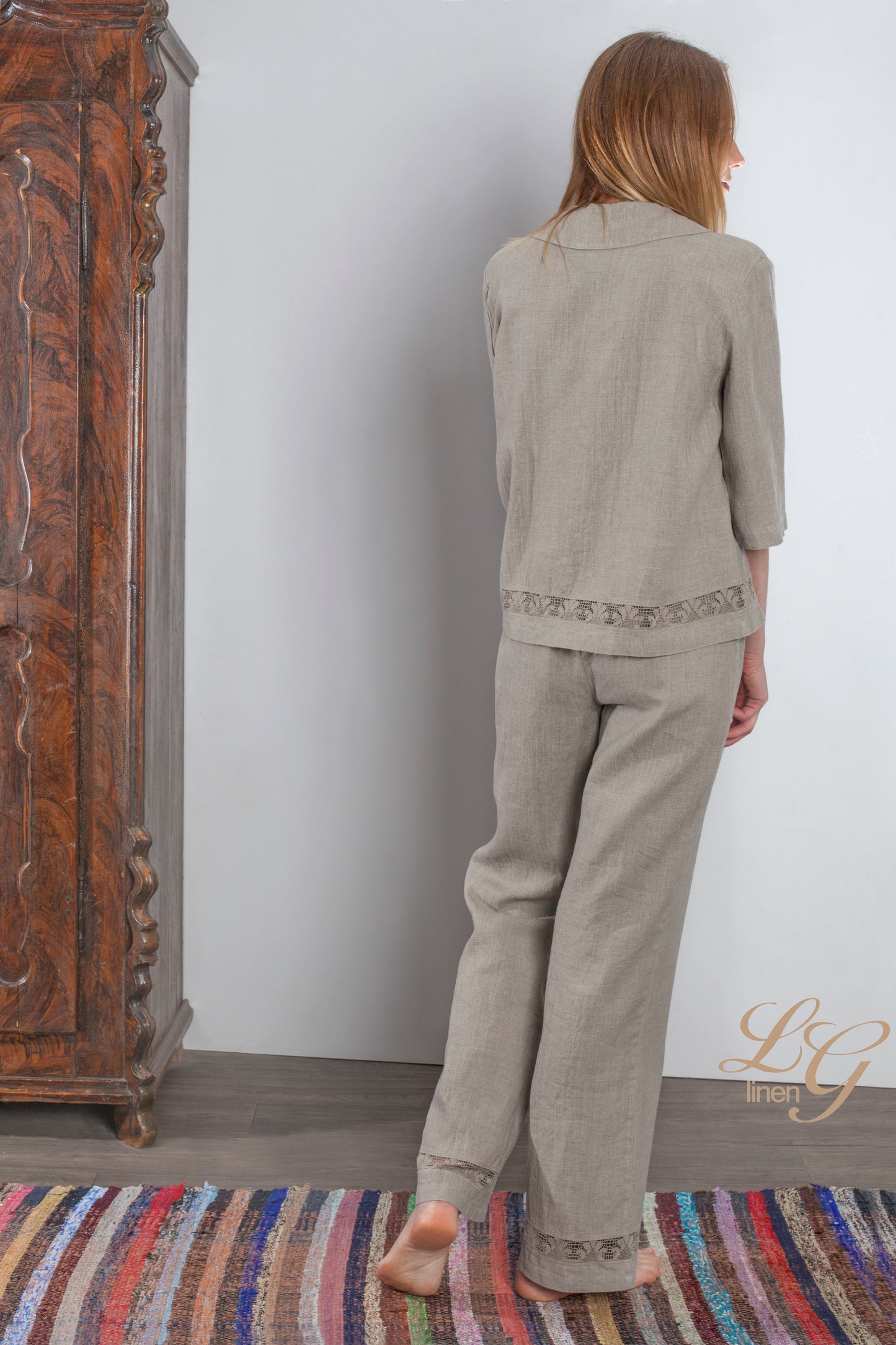 Linen White Pajama VANESSA for Women/Linen Loungewear Laced