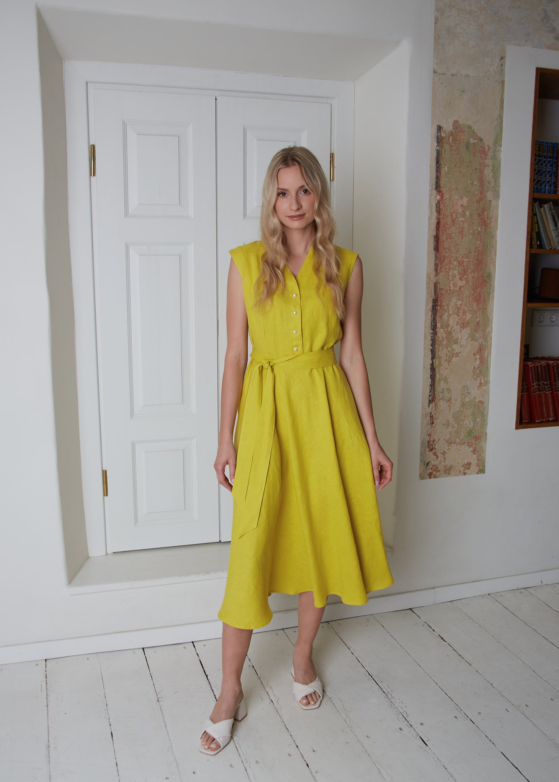 Linen Midi Dress MAGNOLIA Sleeveless with Wide Skirt XL / Apple green Linen Midi Dress MAGNOLIA Sleeveless with Wide Skirt XL / Apple green