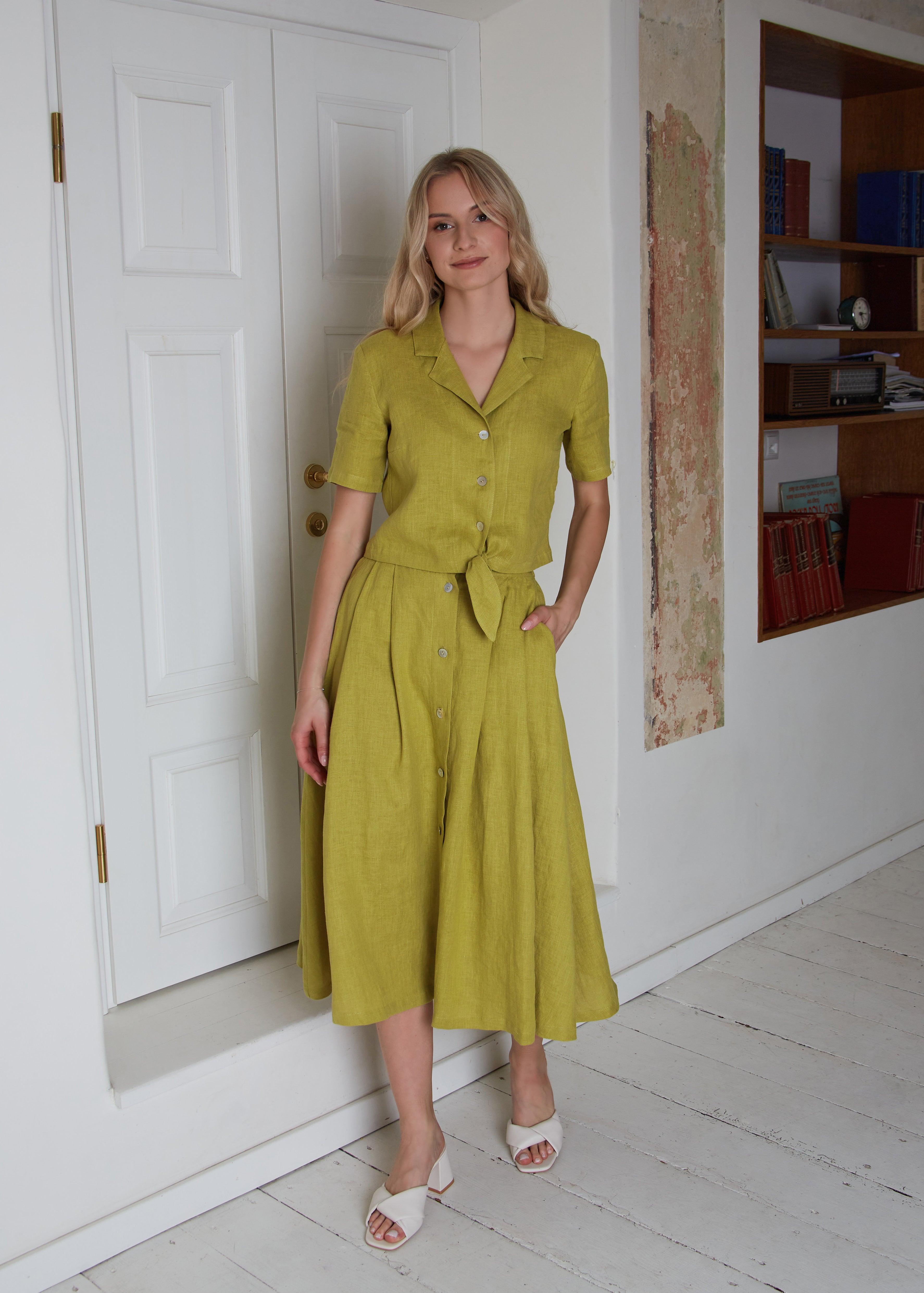 Linen Midi Skirt Suit PALOMA A line Skirt and Short Jacket with Ties