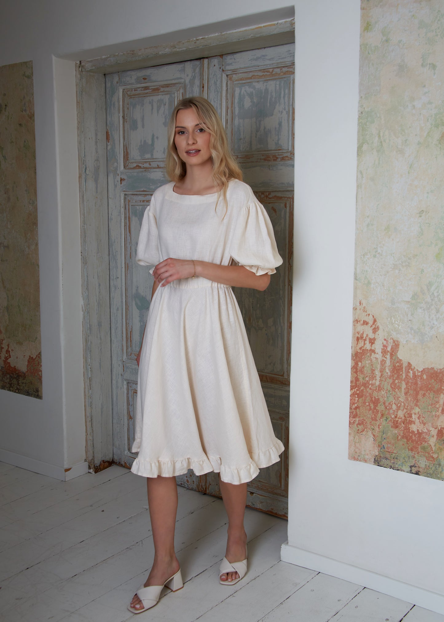 Linen Midi Dress ROMANCE with Wide and Ruffled Skirt