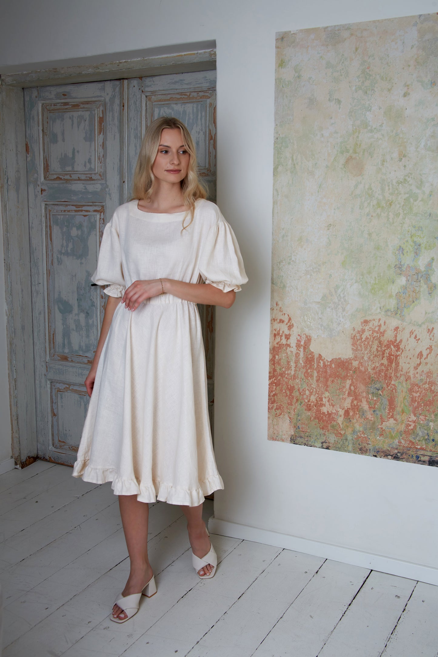 Linen Midi Dress ROMANCE with Wide and Ruffled Skirt