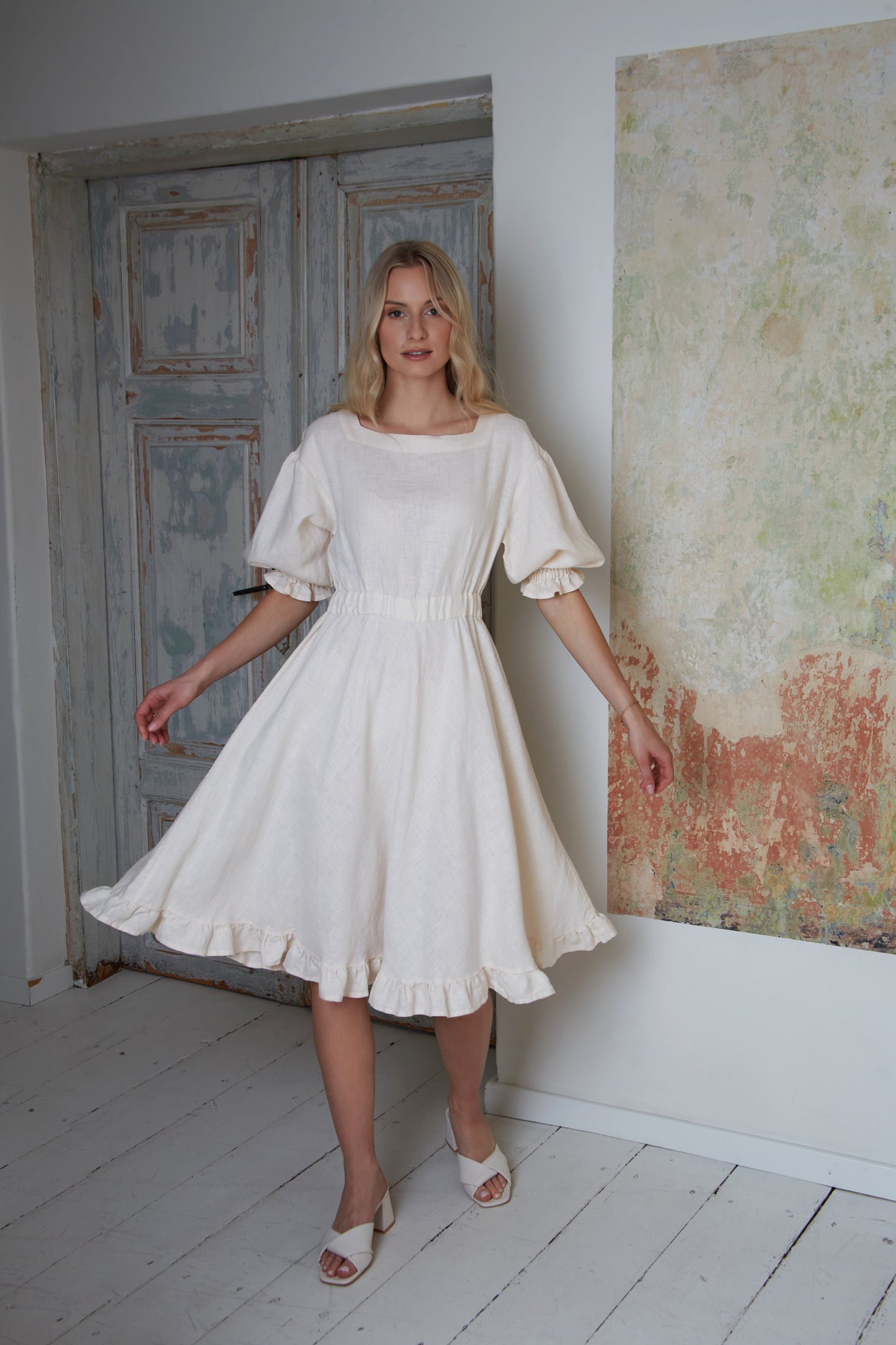 Linen Midi Dress ROMANCE with Wide and Ruffled Skirt