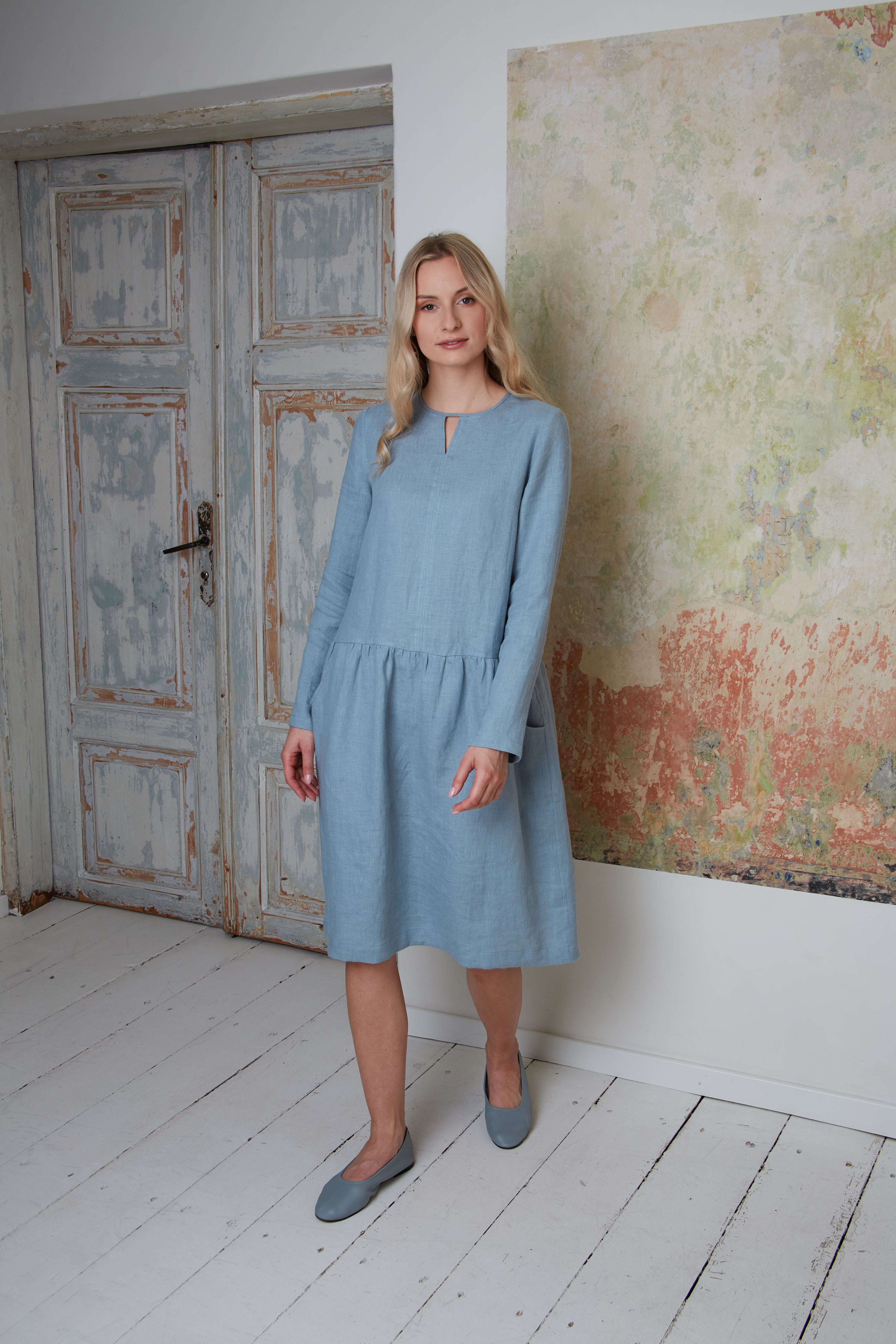 Linen Midi Dress EMMA with Long Sleeves and Dropped Waist