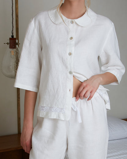 Linen White Pajama VANESSA for Women/Linen Loungewear Laced