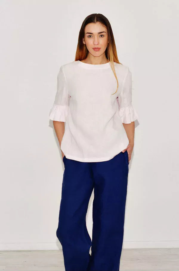 Linen Blouse DIANA With Frill Sleeves and With Fastening at Back