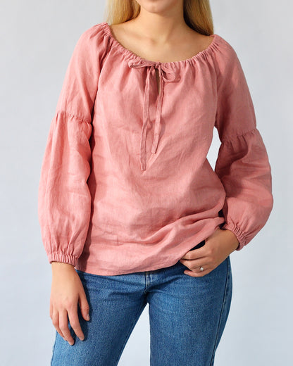 Peasant blouse in salmon color linen