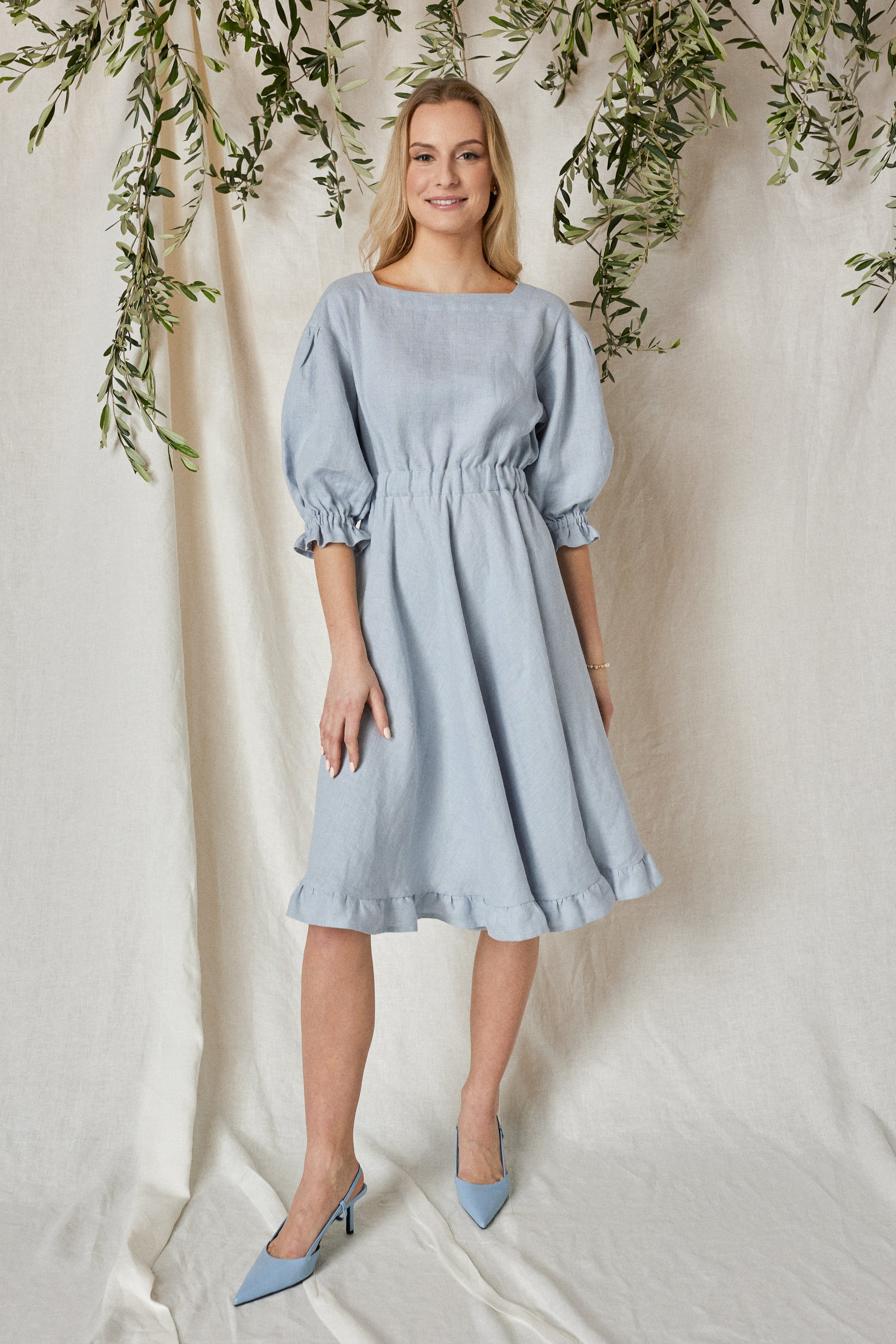 linen ruffle midi dress Ygbgbb Women's Linen-Blend Midi Dress, V-Neck with Ruffle Cap Sleeves & Asymmetric Ruffle Hem, Casual Summer Sundress Gray S, Size: Small