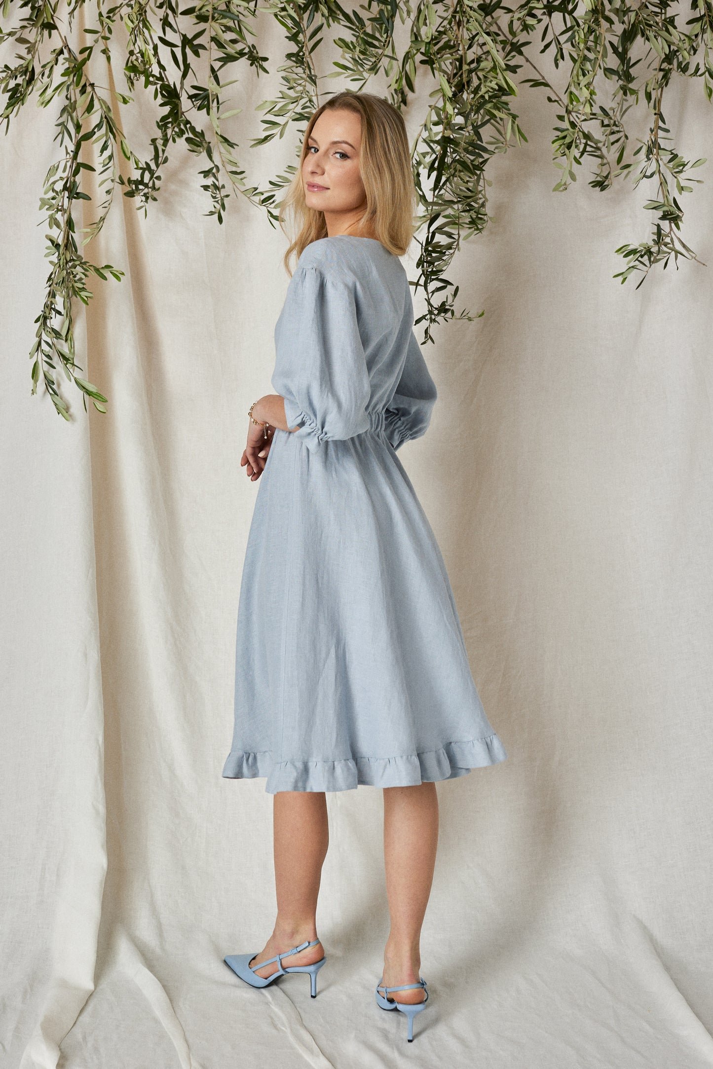 Linen Midi Dress ROMANCE with Wide Ruffle Skirt