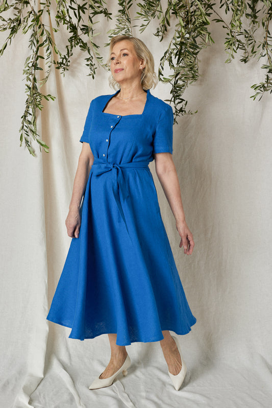Linen dress Gloria A-line shape with short sleeves in royal blue linen