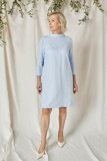 Linen Dress ALLEGRA With Open Back , Bias cut collar and Detachable Bow
