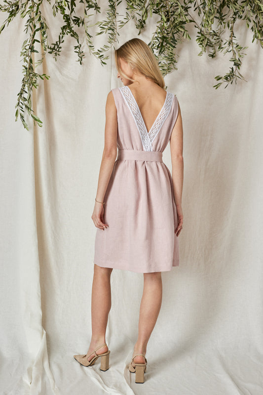 READY To SHIP Linen Dress MILA with Open Lace Back