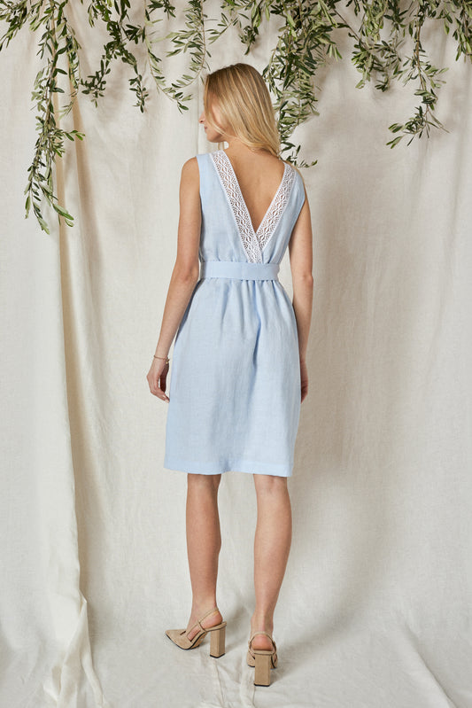 Linen Midi Dress MILA with Open Lace Back in Blue